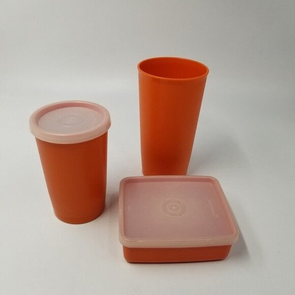 Vintage Tupperware Square Container 1516-4 Tumbler 1320 Lid 873-20 Orange Lot 5 - Picture 1 of 10